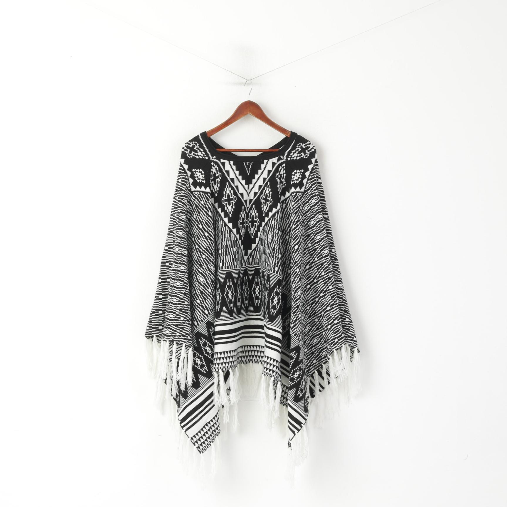 vintage Femmes Taille Unique Poncho Noir Blanc Aztèque Boho Hippie Fringe Cape
