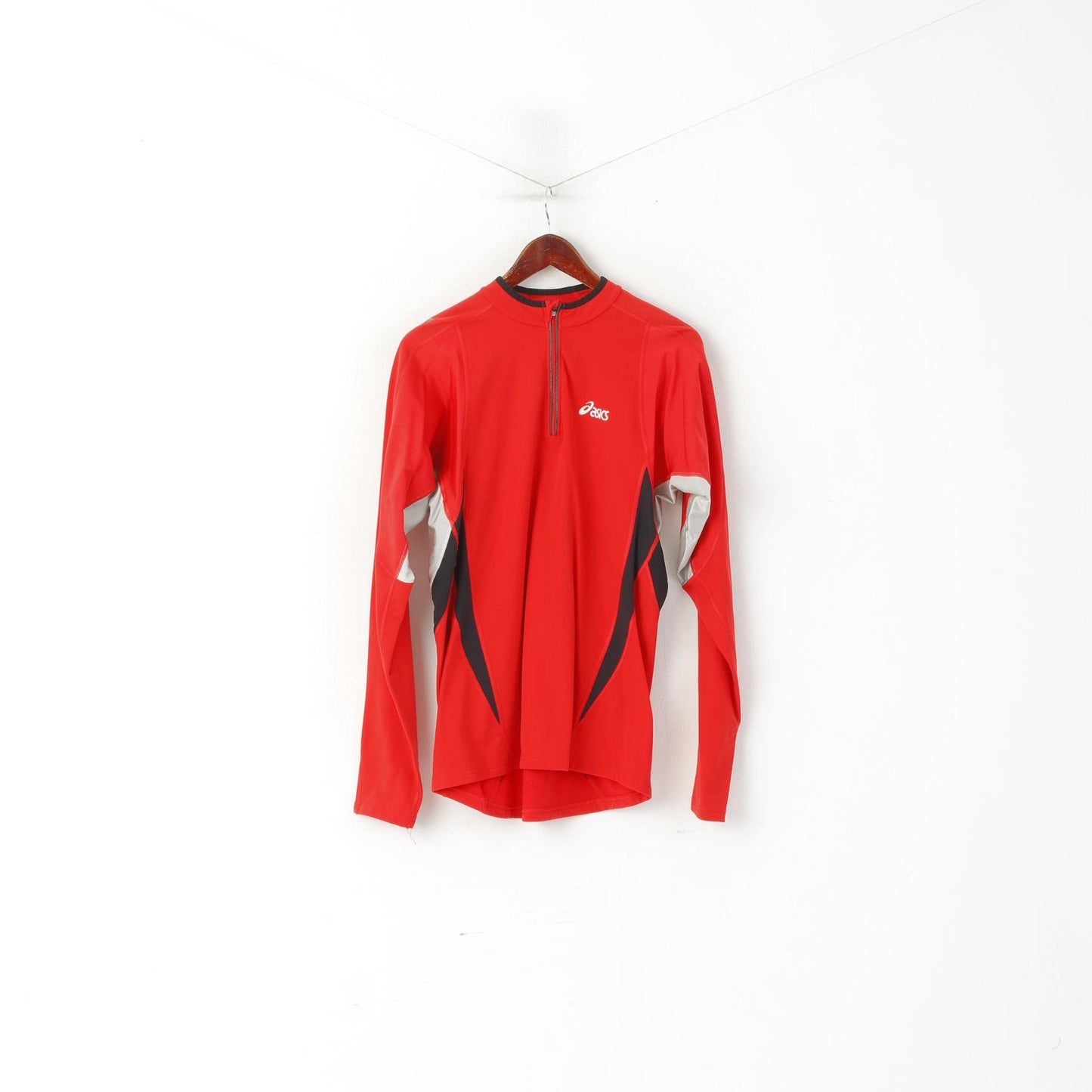 Asics Men L Long Sleeved Shirt Red Activewear Run Duo Tech Zip Neck Nylon Top