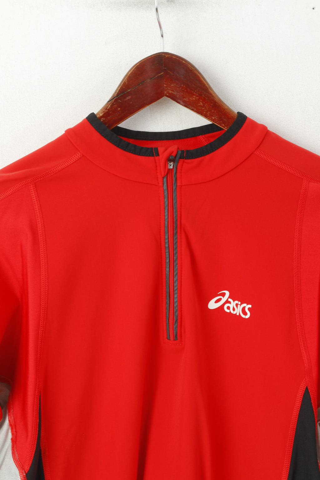 Asics Men L Long Sleeved Shirt Red Activewear Run Duo Tech Zip Neck Nylon Top