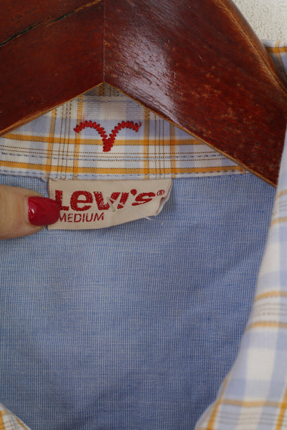 Levi's Men M Chemise décontractée Bleu à carreaux en coton Coupe ajustée à manches courtes