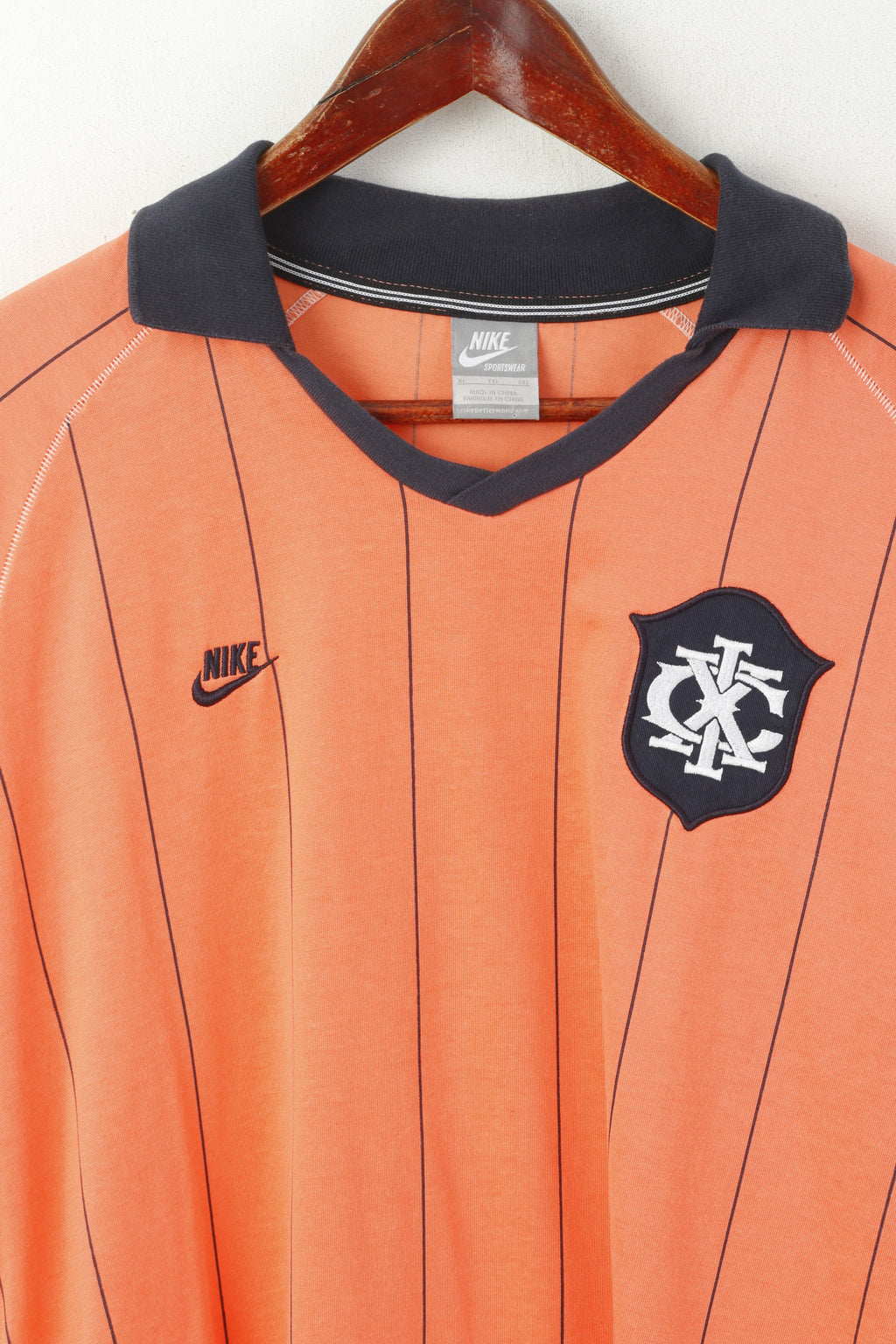 Nike Men XL Polo Shirt Orange Cotton Striped Football Vintage Jersey Sportwear Top