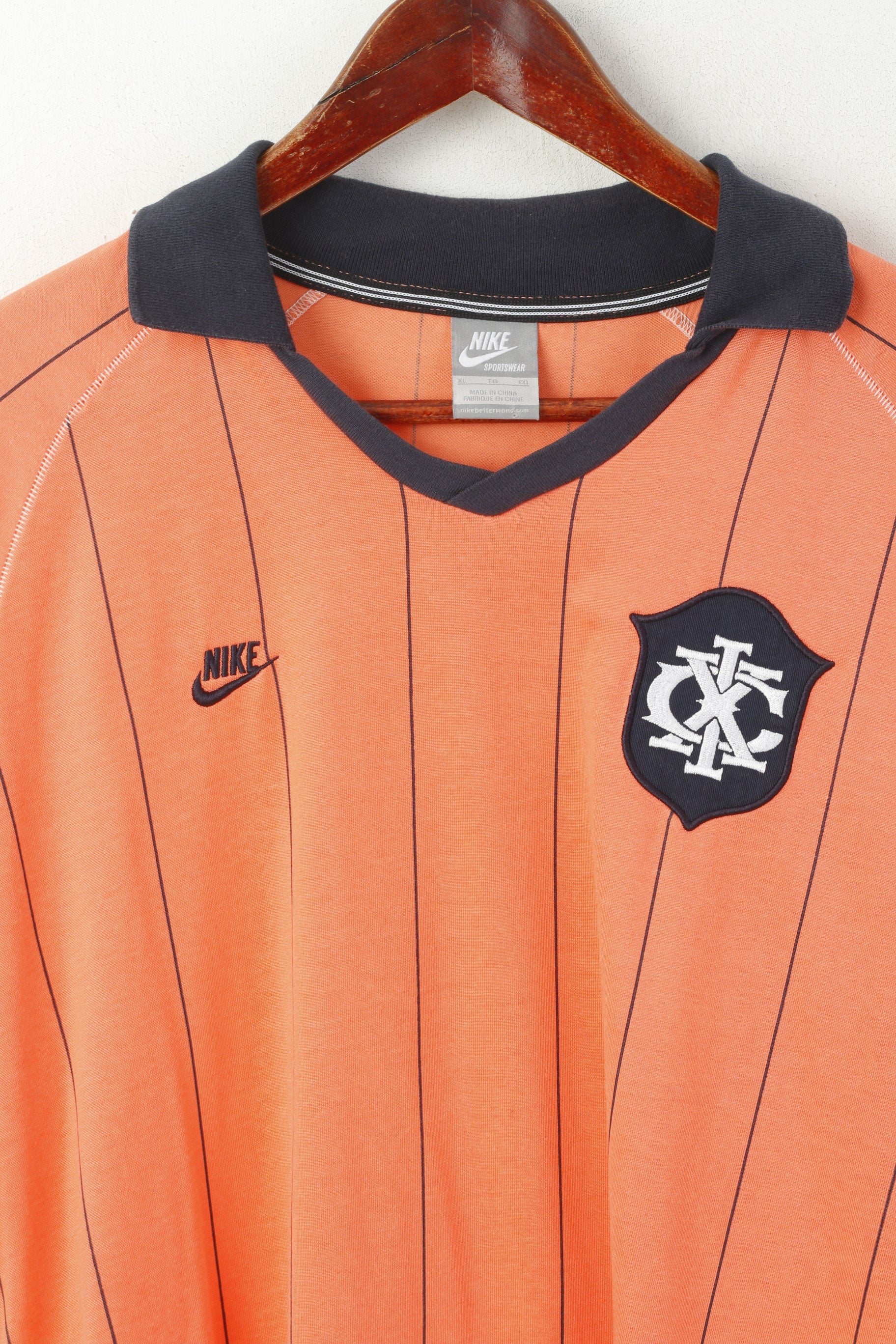 Nike Men XL Polo Shirt Orange Cotton Striped Football Vintage Jersey Sportwear Top