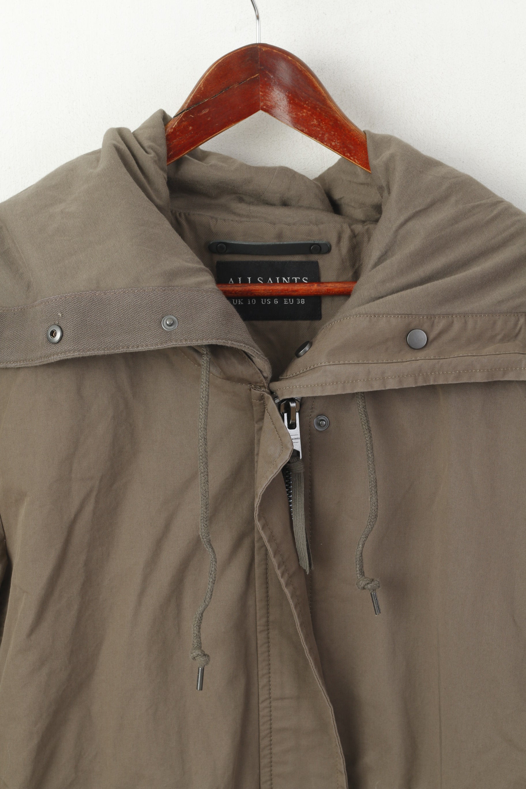 AllSaints Femmes 10 38 M Veste Kaki Coton Arton Zippé à Capuche Haut Col Haut
