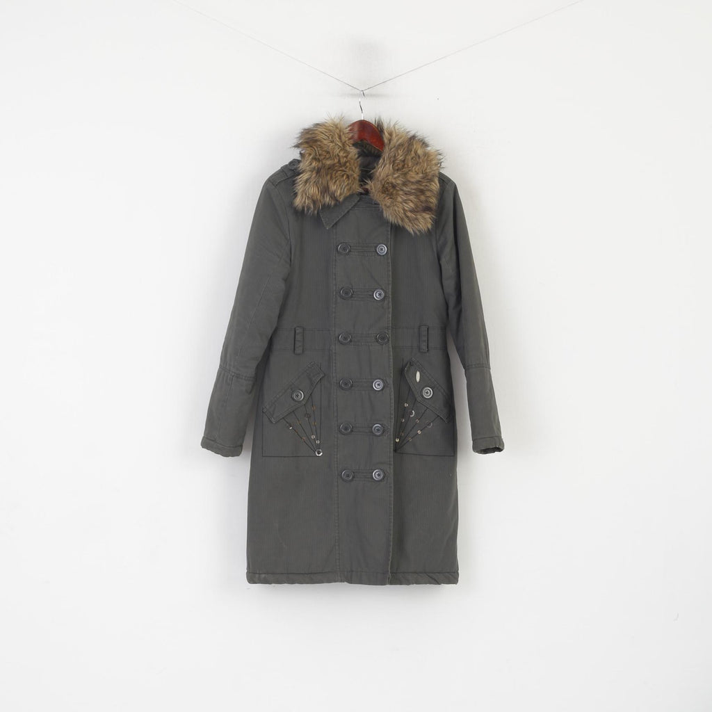 House Women L (M) Veste Parka verte en coton rembourré avec col en fourrure et manteau boutonné