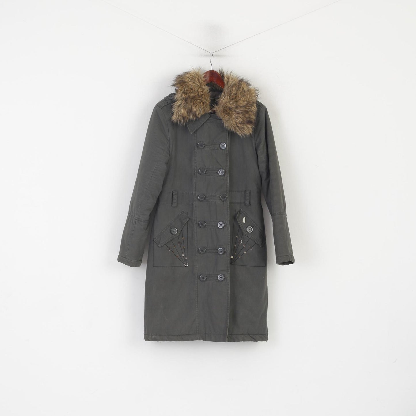 House Women L (M) Giacca Parka verde Cappotto con bottoni e collo in pelliccia imbottito in cotone