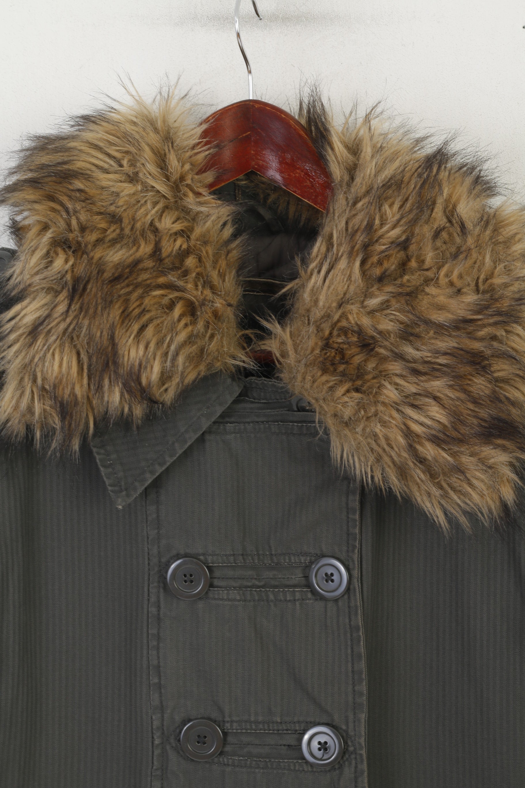 House Women L (M) Veste Parka verte en coton rembourré avec col en fourrure et manteau boutonné