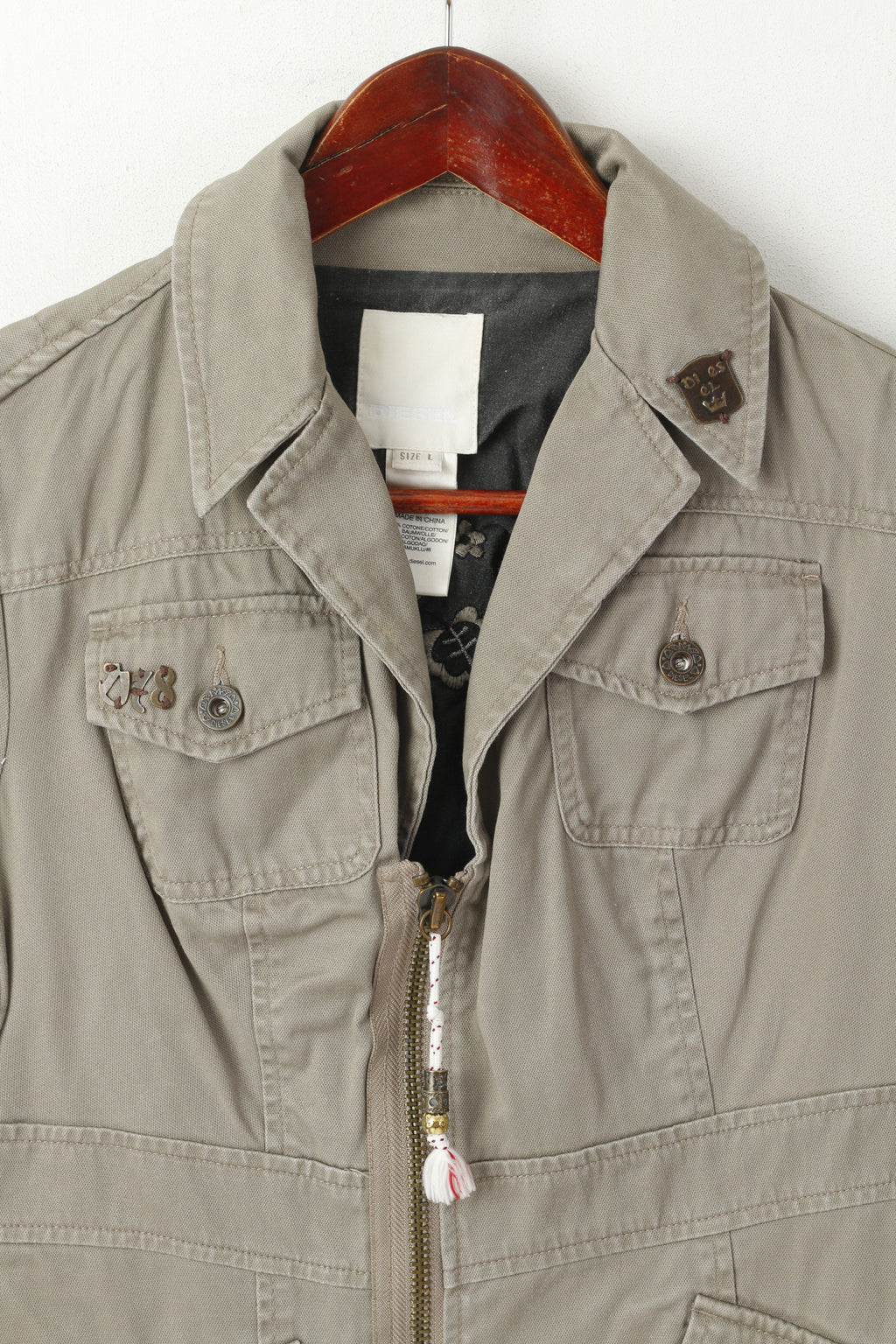 Diesel Femmes L (S) Veste Gris Coton Fermeture Éclair Complète Poches Détaillées Top