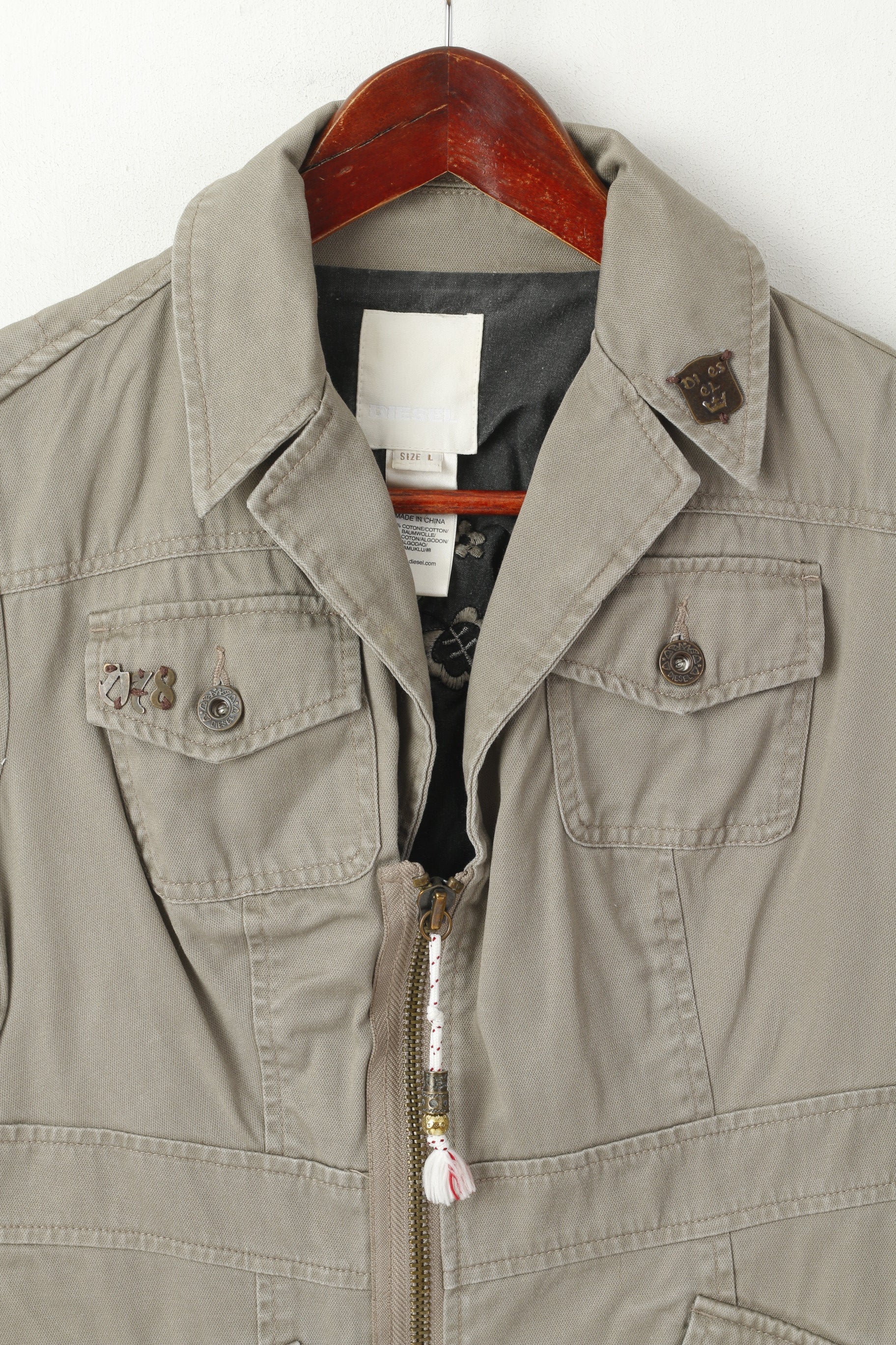 Diesel Femmes L (S) Veste Gris Coton Fermeture Éclair Complète Poches Détaillées Top