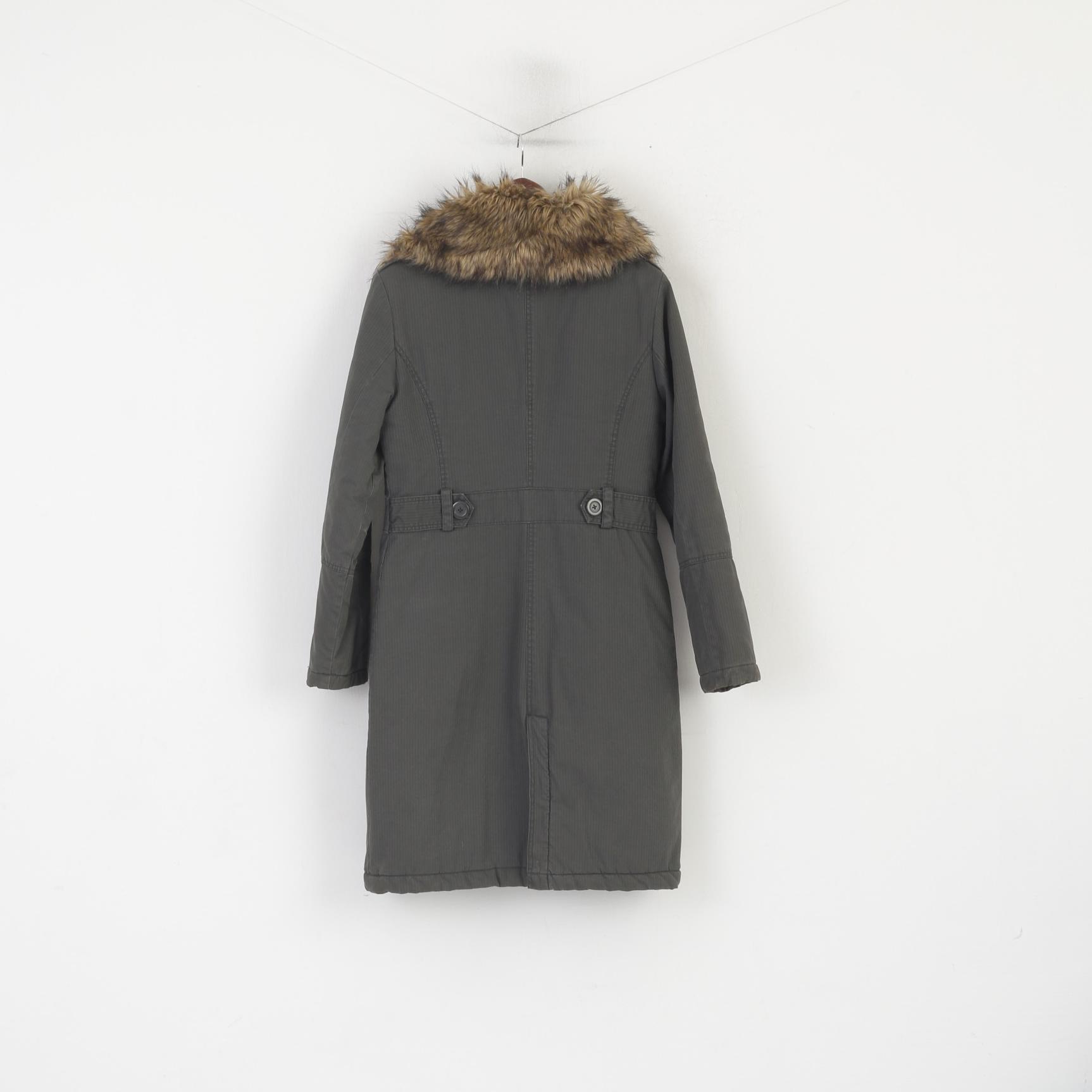 House Women L (M) Veste Parka verte en coton rembourré avec col en fourrure et manteau boutonné