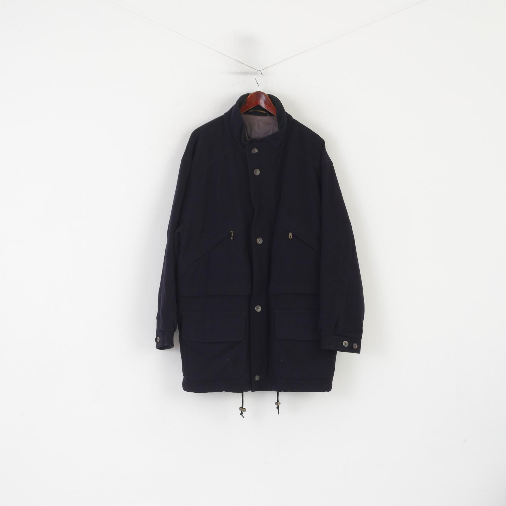 Cappotto Marks &amp; Spencer da uomo L. Top classico in lana blu scuro con cerniera intera foderato vintage