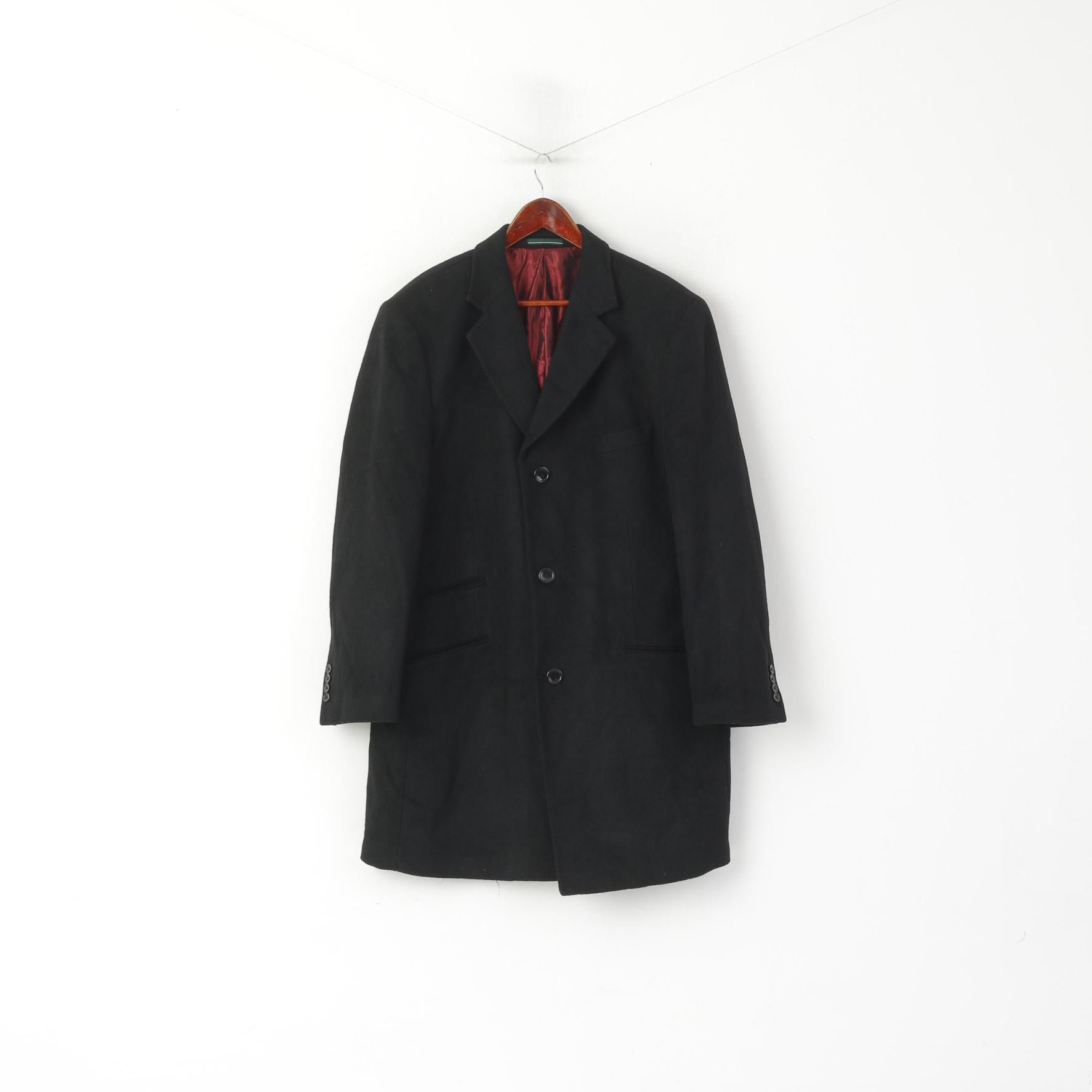 Greenwoods Men 44 L Coat Black Wool Cashmere Luxury Single Breasted Classic Top