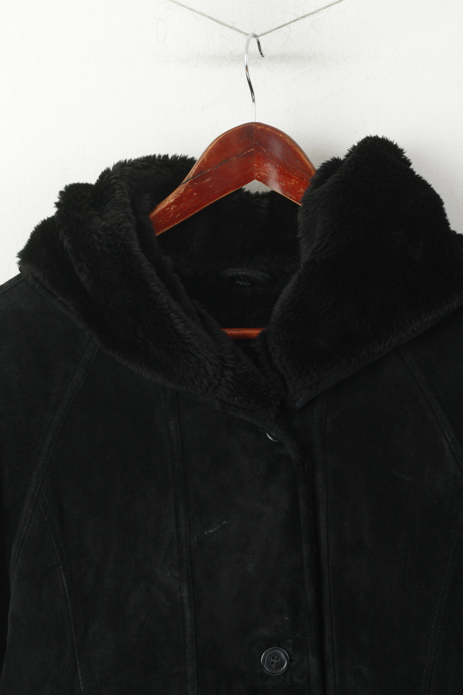 Saki Women 38 XL Coat Black Leather Hooded Acrylic Fur Lined Single Breasted Top