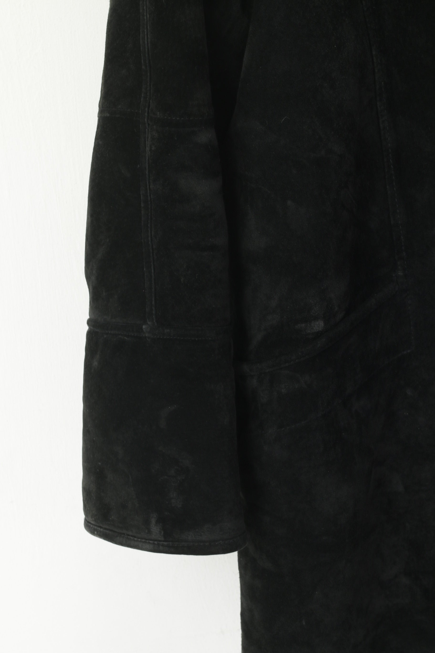 Saki Women 38 XL Coat Black Leather Hooded Acrylic Fur Lined Single Breasted Top