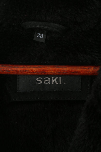 Saki Women 38 XL Coat Black Leather Hooded Acrylic Fur Lined Single Breasted Top