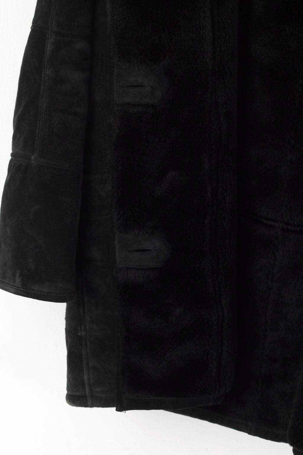 Saki Women 38 XL Coat Black Leather Hooded Acrylic Fur Lined Single Breasted Top