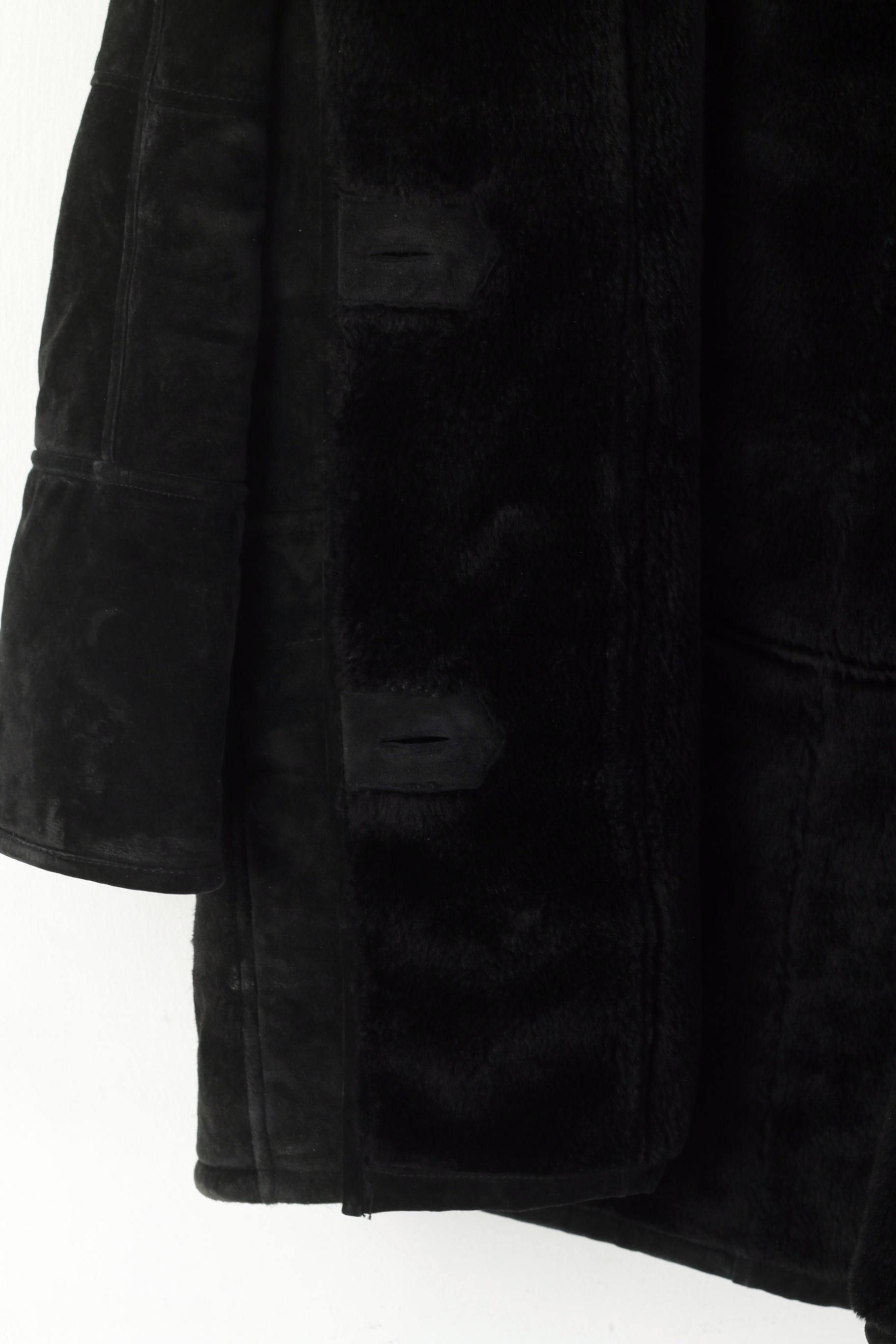 Saki Women 38 XL Coat Black Leather Hooded Acrylic Fur Lined Single Breasted Top