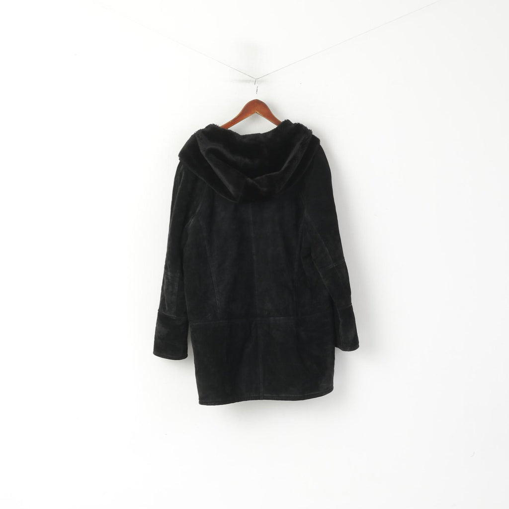 Saki Women 38 XL Coat Black Leather Hooded Acrylic Fur Lined Single Breasted Top