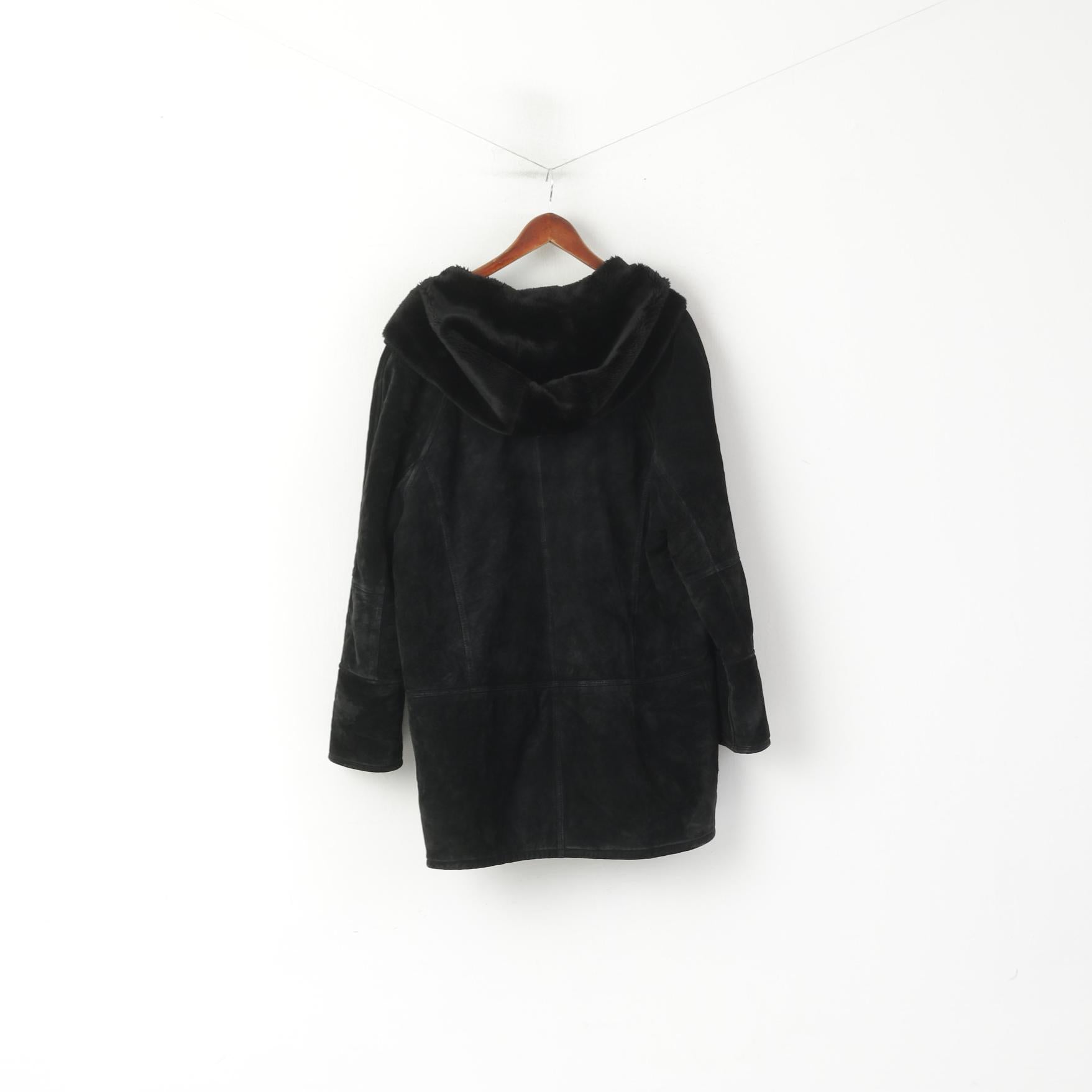 Saki Women 38 XL Coat Black Leather Hooded Acrylic Fur Lined Single Breasted Top