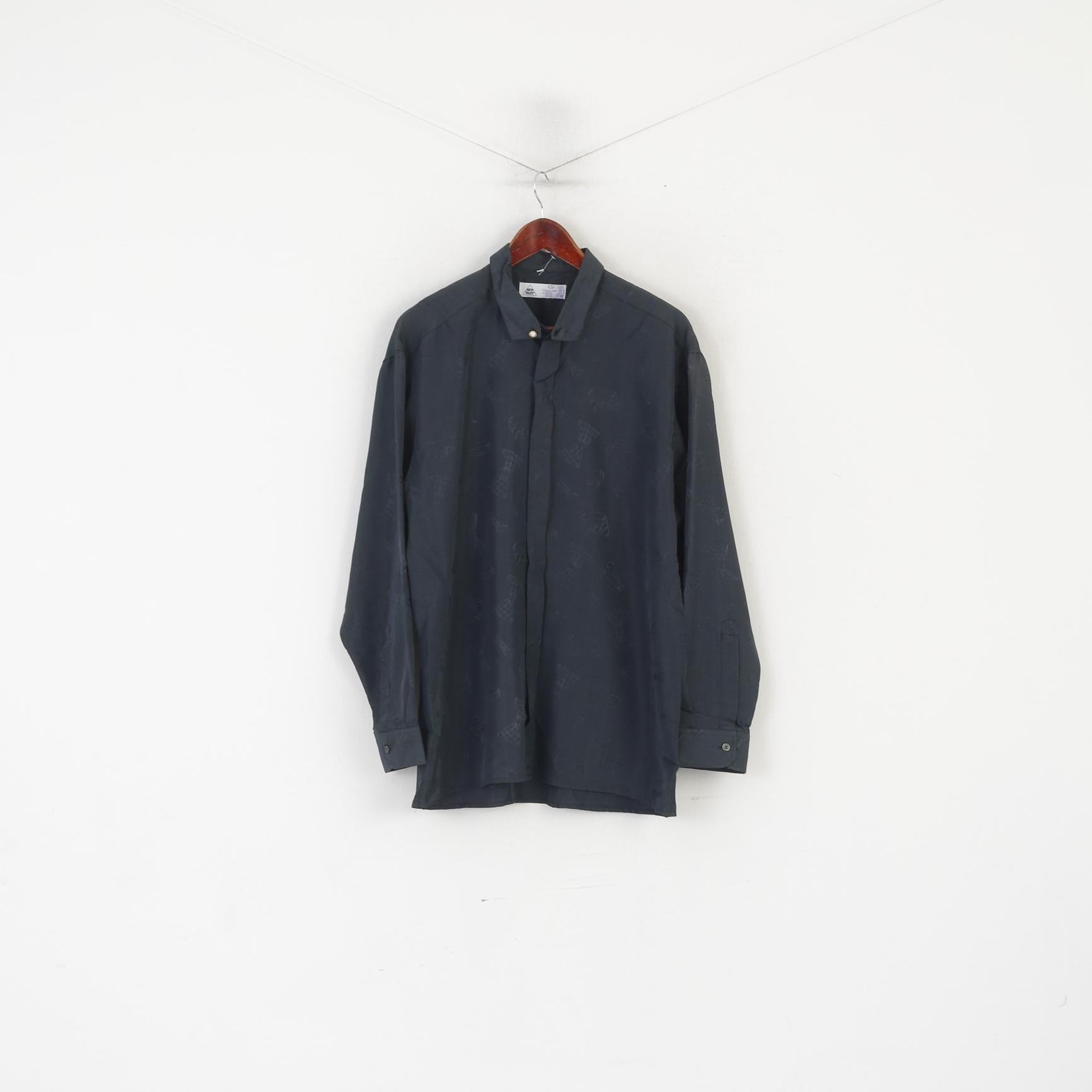 C&amp;A New Fast Men 42 L Chemise décontractée Charbon Viscose Bow Print Haut à manches longues