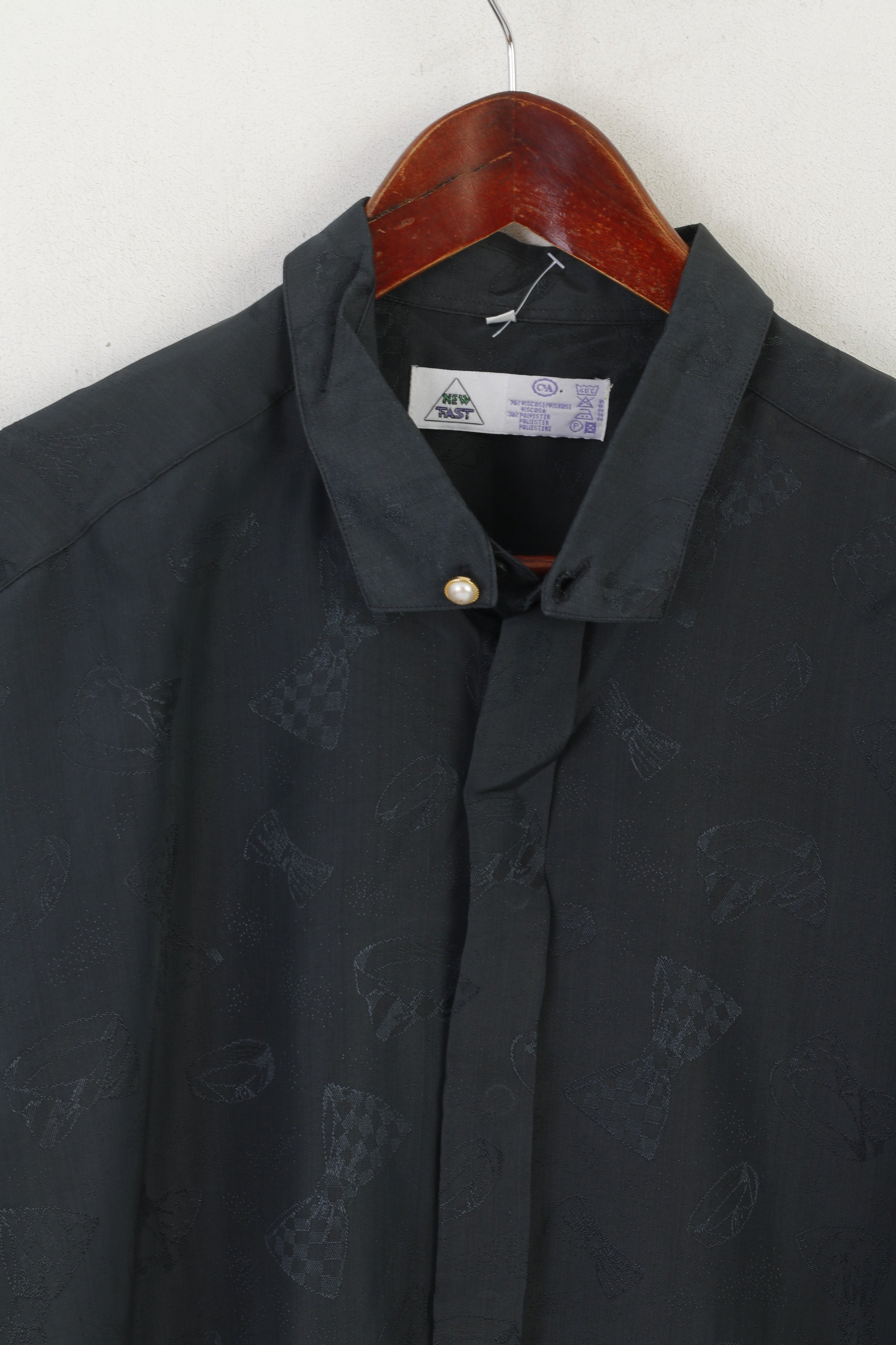 C&amp;A New Fast Men 42 L Chemise décontractée Charbon Viscose Bow Print Haut à manches longues