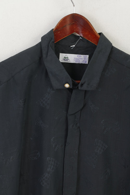 C&amp;A New Fast Men 42 L Chemise décontractée Charbon Viscose Bow Print Haut à manches longues