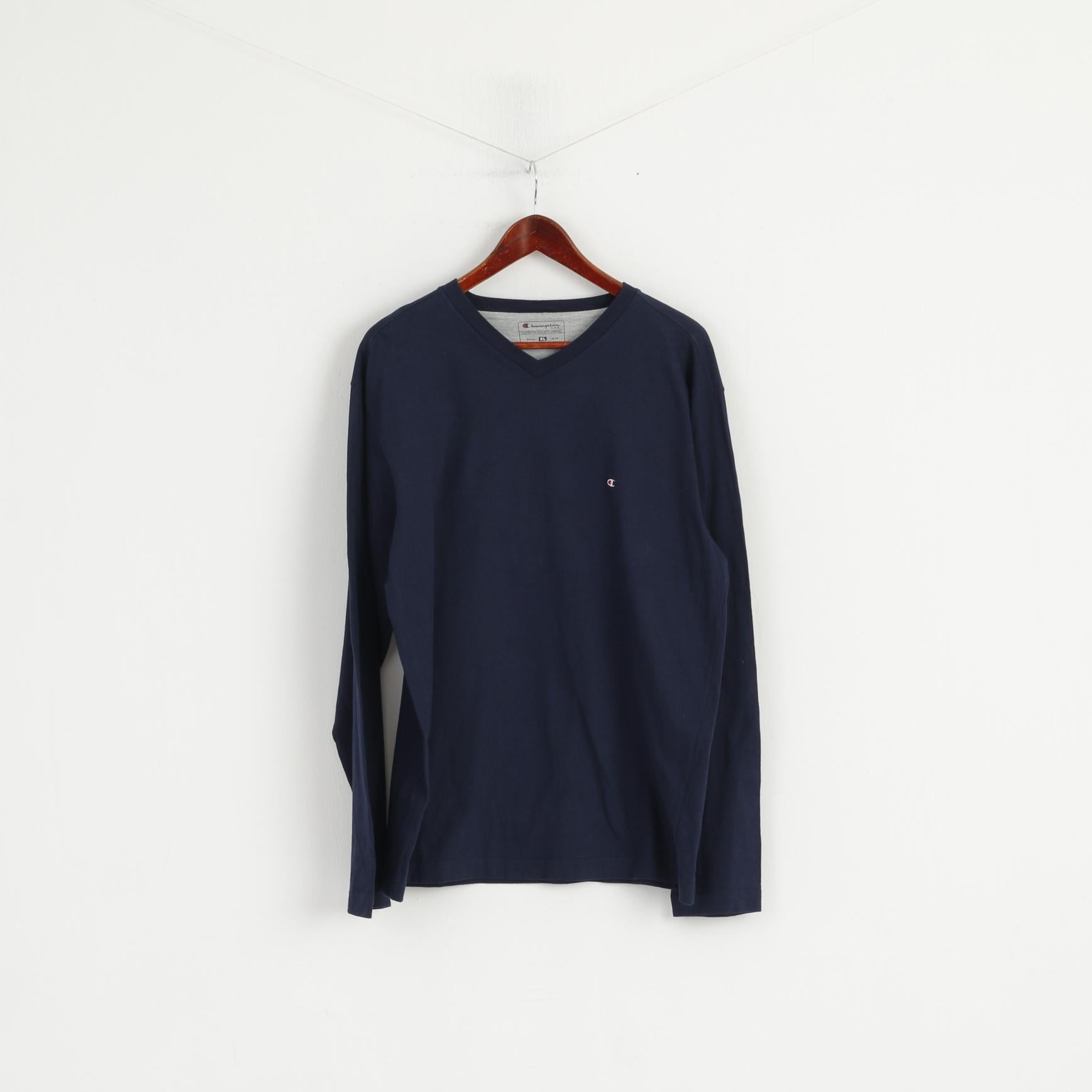 Champion Men XL Long Sleeved Shirt Navy Cotton V Neck Classic Athletic Top