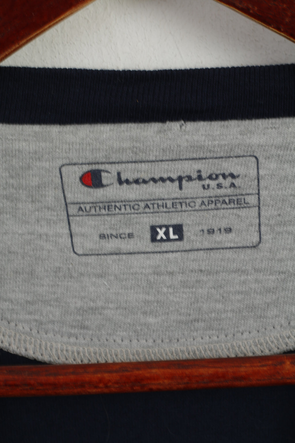 Champion Men XL Long Sleeved Shirt Navy Cotton V Neck Classic Athletic Top