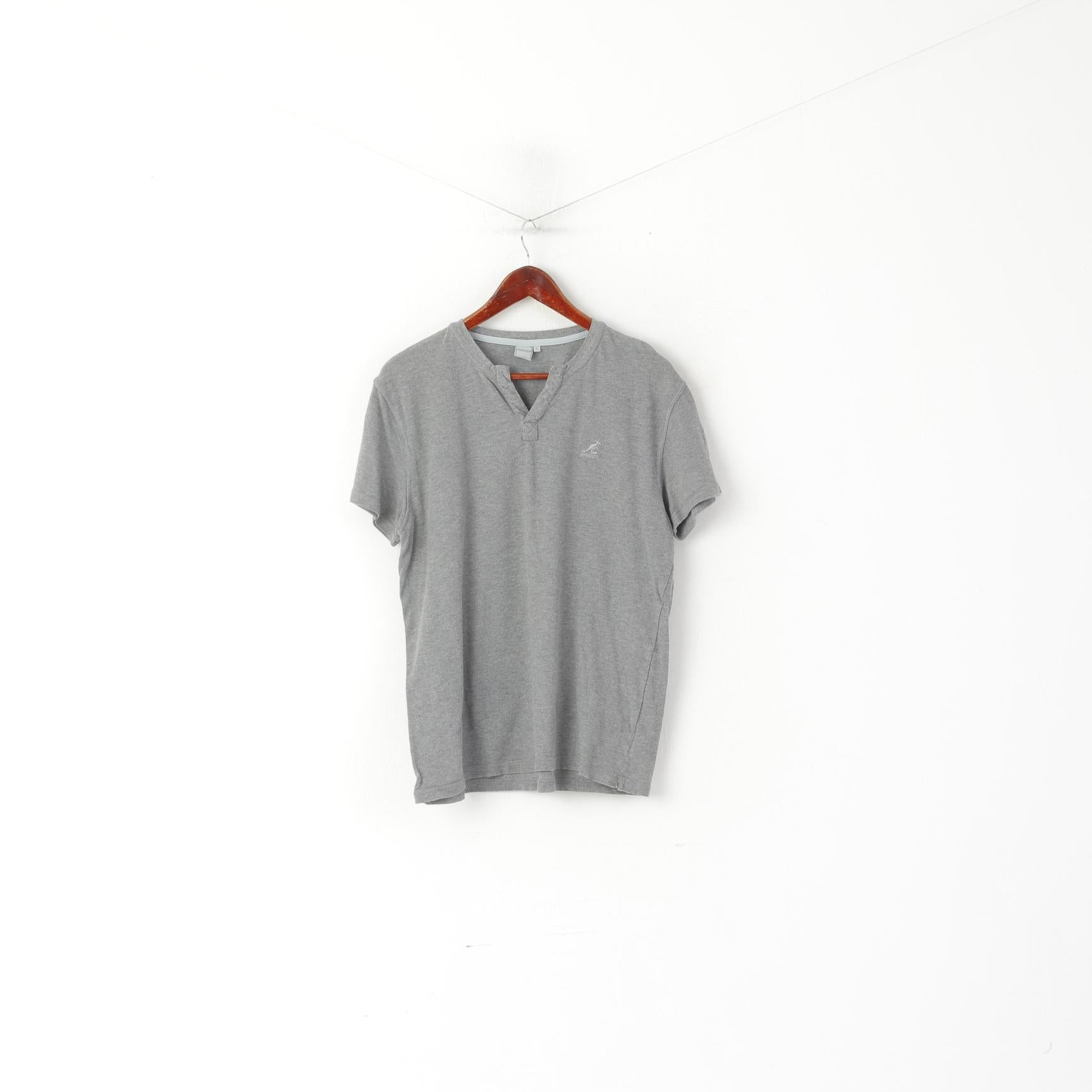 Kangol Men L (M) Shirt Grey Cotton Plain V Neck Vintage Short Sleeve Top