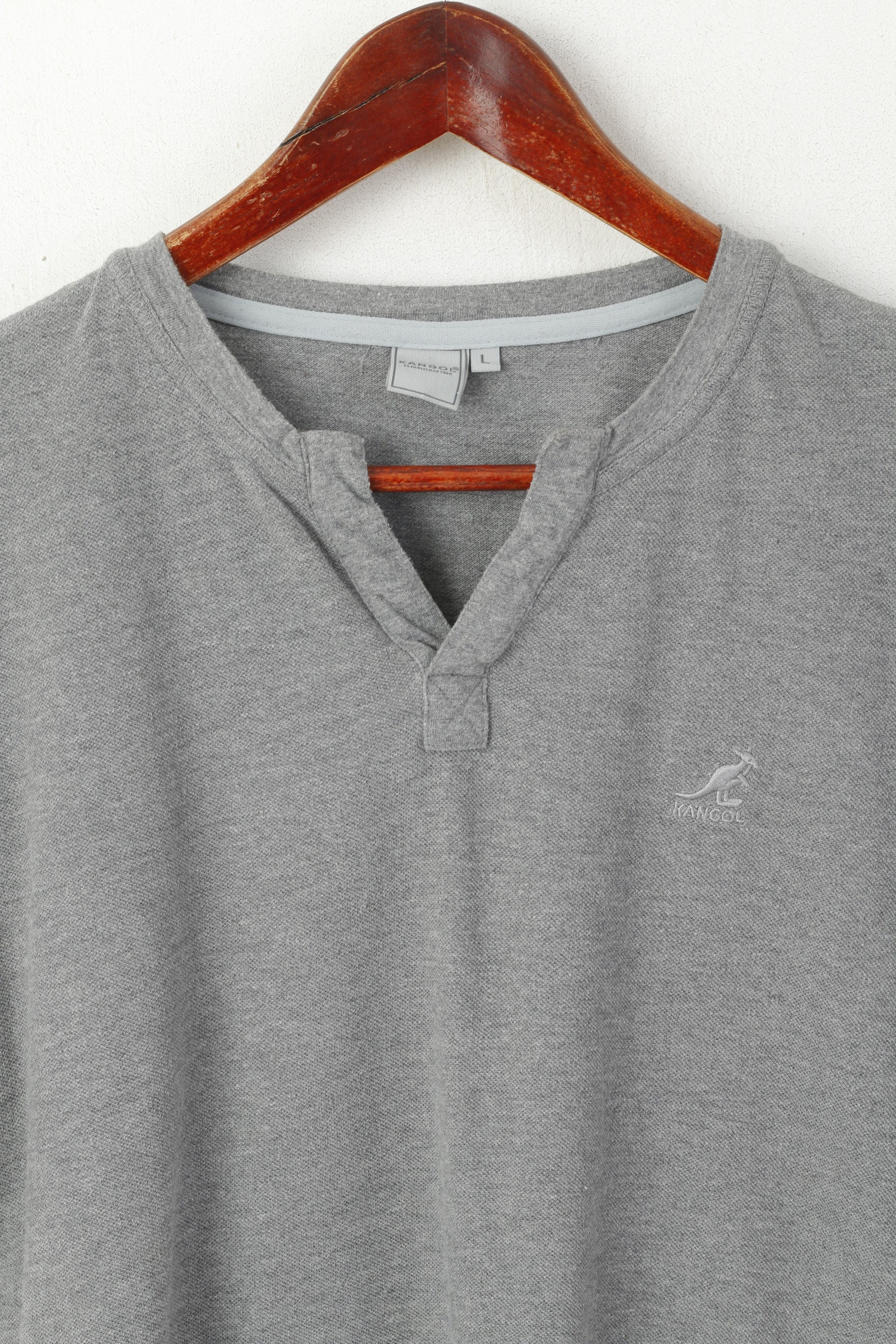 Kangol Men L (M) Shirt Grey Cotton Plain V Neck Vintage Short Sleeve Top