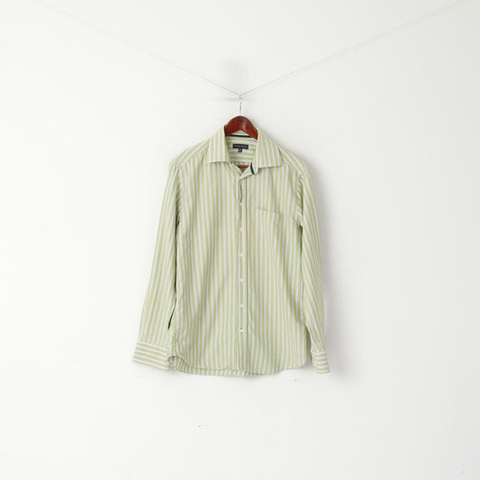 Tommy Hilfiger Men 39 15.5 M Casual Shirt Green Striped Cotton Long Sleeve Top
