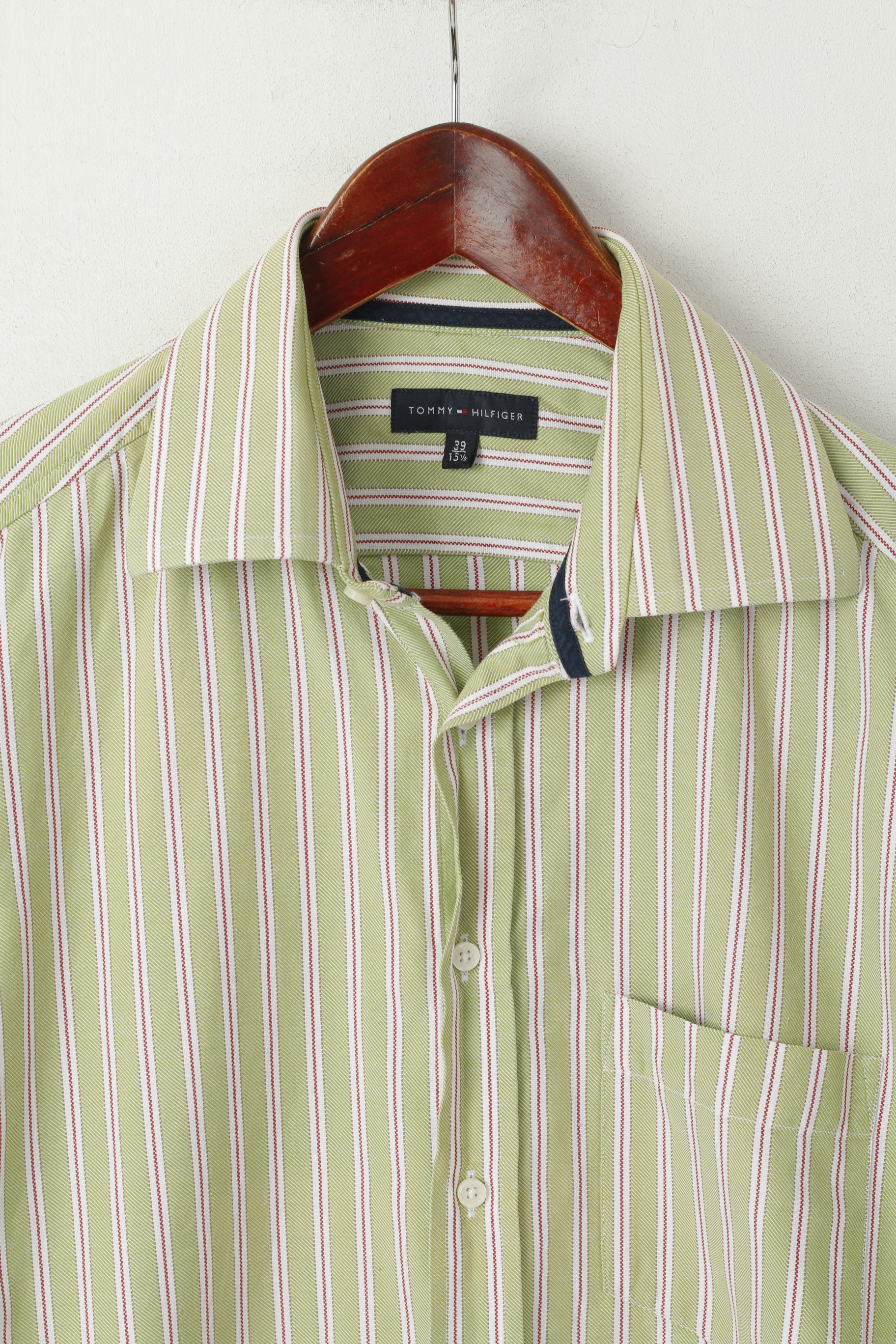 Tommy Hilfiger Uomo 39 15,5 M Camicia casual Top a maniche lunghe in cotone a righe verdi