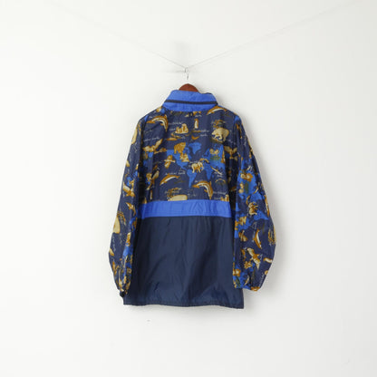 Life Style by Jeantex Men 50/52 L Rain Jacket Blue Nylon Hidden Hood Animal Print Pullover Top