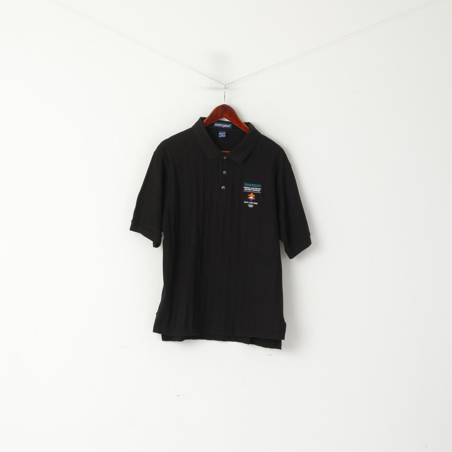 Polo Swingster da uomo L in cotone nero, maglia olimpica a maniche corte di Salt Lake City 2002
