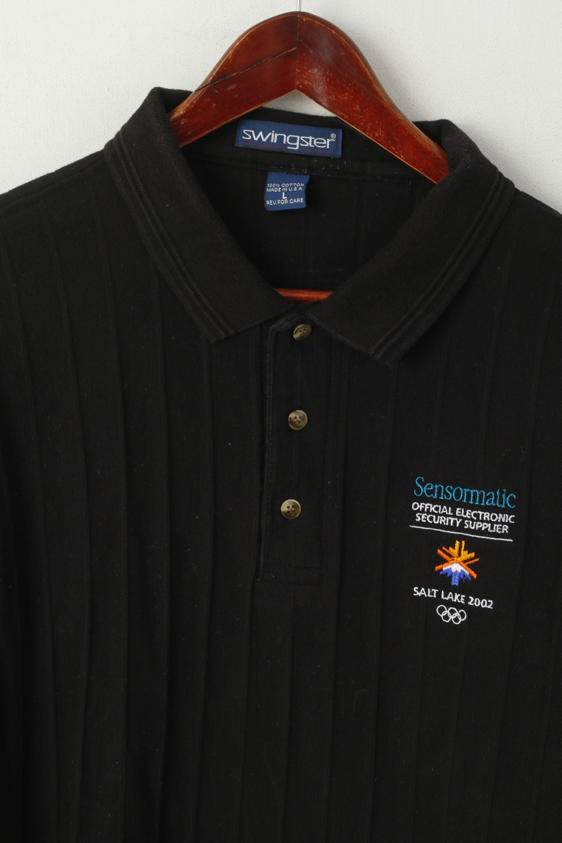 Polo Swingster da uomo L in cotone nero, maglia olimpica a maniche corte di Salt Lake City 2002