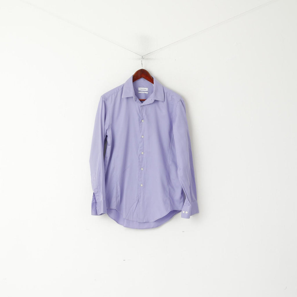 Calvin Klein Men 15.5 32/33 M Casual Shirt Purple Cotton Slim Fit Stretch Long Sleeve Top