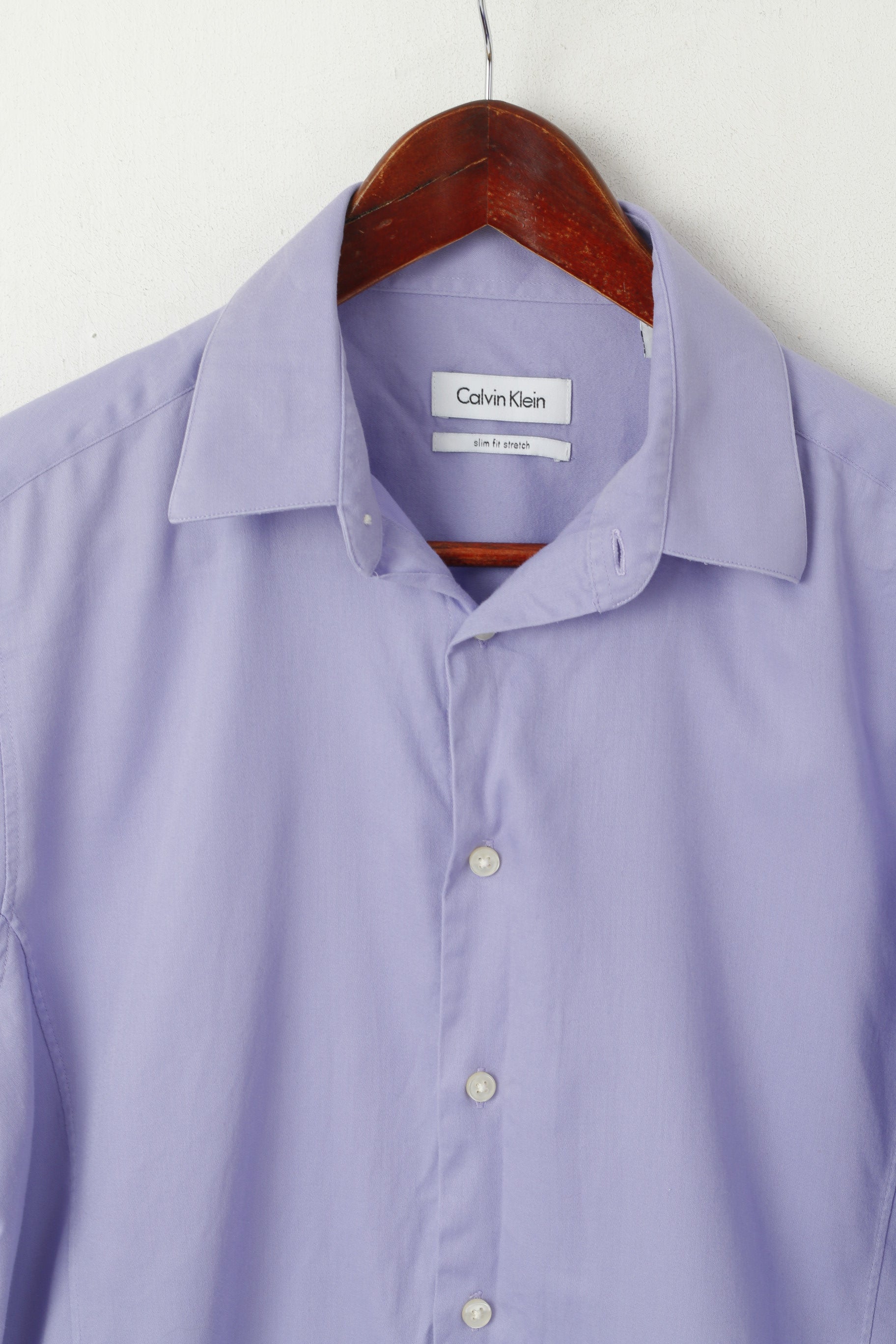 Calvin Klein Men 15.5 32/33 M Casual Shirt Purple Cotton Slim Fit Stretch Long Sleeve Top