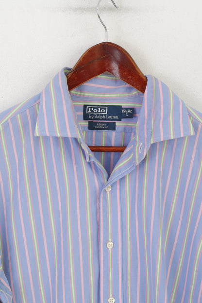 Polo di Ralph Lauren Camicia casual da uomo L Blu Rosa a righe in cotone Regent Custom Fit Top