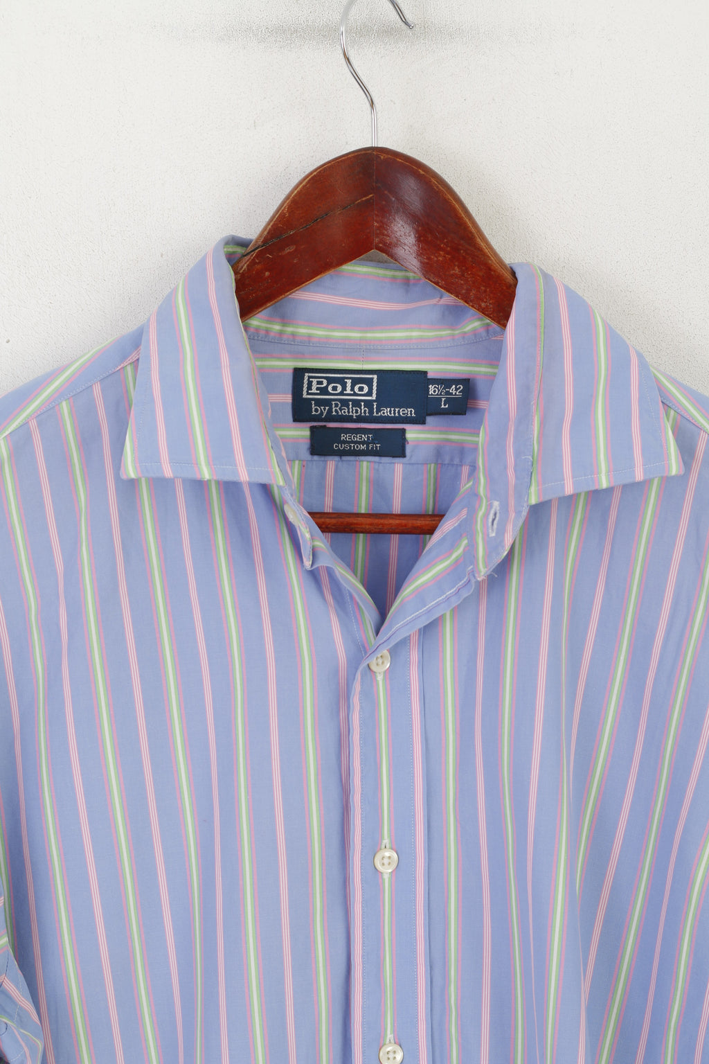Polo di Ralph Lauren Camicia casual da uomo L Blu Rosa a righe in cotone Regent Custom Fit Top