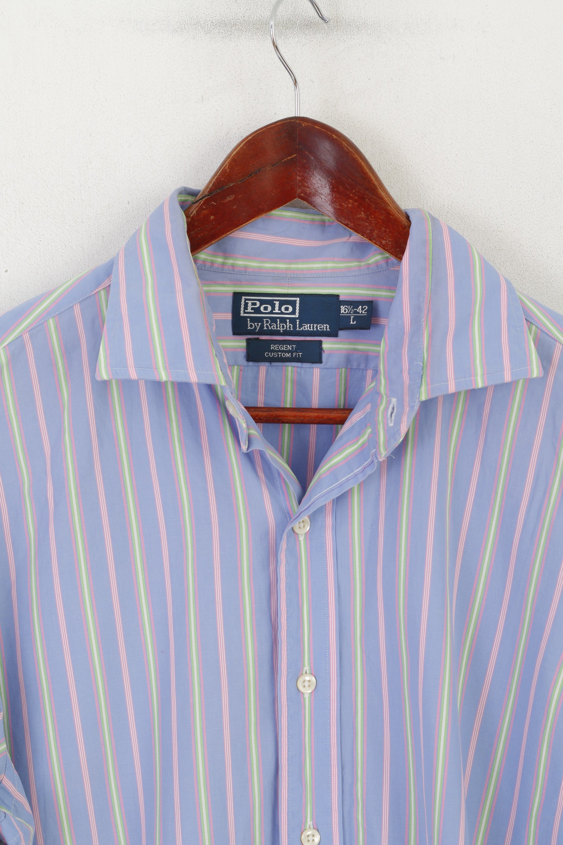 Polo di Ralph Lauren Camicia casual da uomo L Blu Rosa a righe in cotone Regent Custom Fit Top