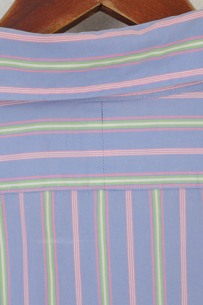 Polo by Ralph Lauren Men L Casual Shirt Blue Pink Striped Cotton Regent Custom Fit Top