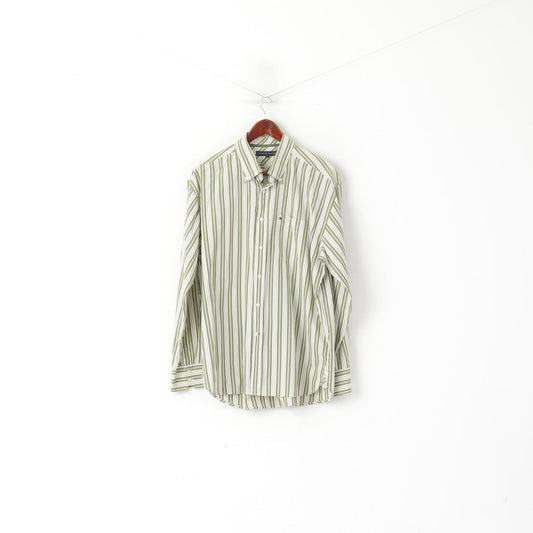 Tommy Hilfiger Men XL Casual Shirt Green Striped Cotton Long Sleeve Pocket Top