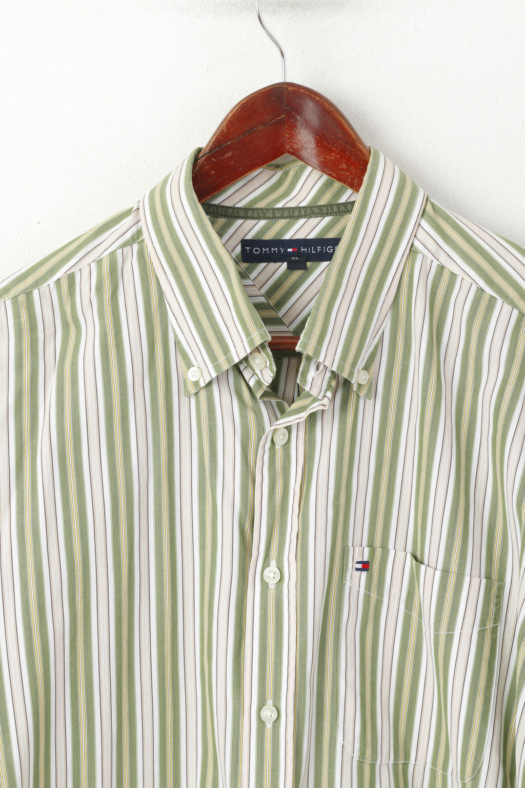 Tommy Hilfiger Men XL Casual Shirt Green Striped Cotton Long Sleeve Pocket Top