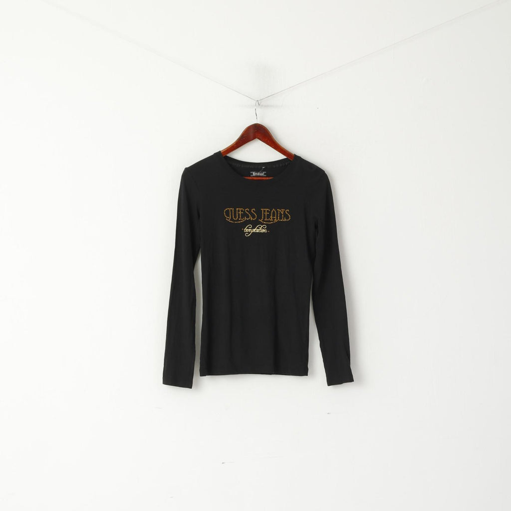 Guess Jeans Camicia da donna S Maglietta nera girocollo con logo in zirconi a maniche lunghe elasticizzata