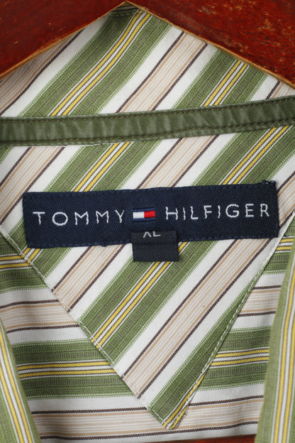 Tommy Hilfiger Men XL Casual Shirt Green Striped Cotton Long Sleeve Pocket Top