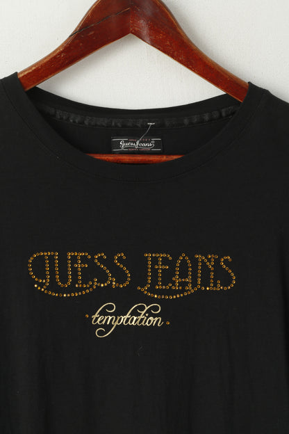 Guess Jeans Chemise noire à manches longues et col rond pour femme avec logo en zircone