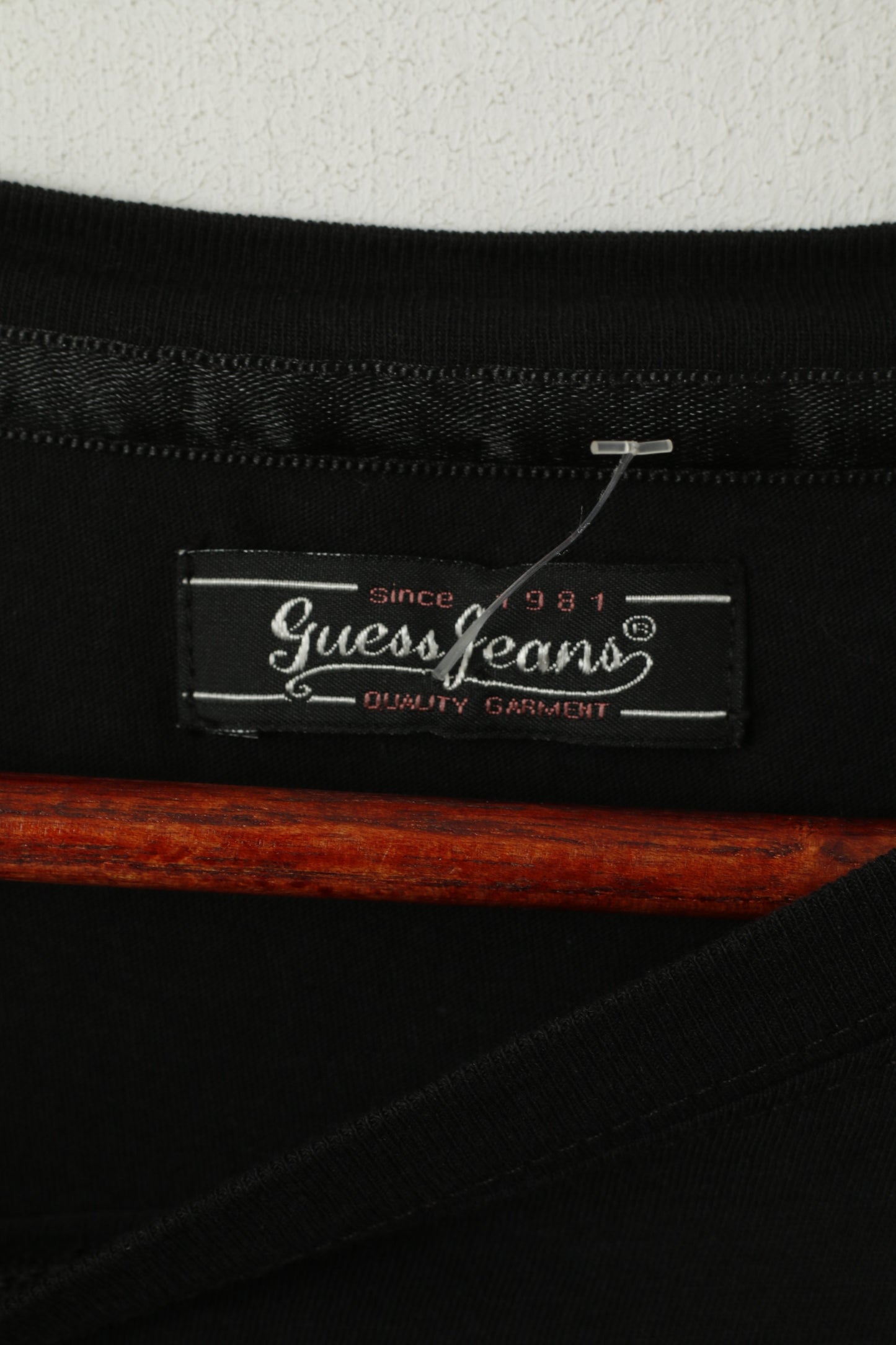 Guess Jeans Camicia da donna S Maglietta nera girocollo con logo in zirconi a maniche lunghe elasticizzata
