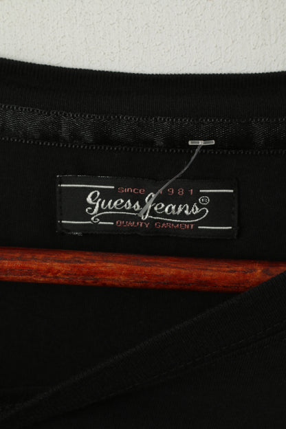 Guess Jeans Camicia da donna S Maglietta nera girocollo con logo in zirconi a maniche lunghe elasticizzata