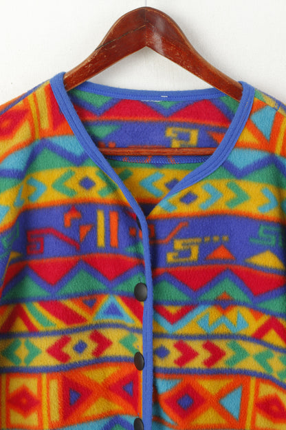 Vintage Women XL Fleece Top Multicoloured Oversize Buttoned Vintage Sweatshirt