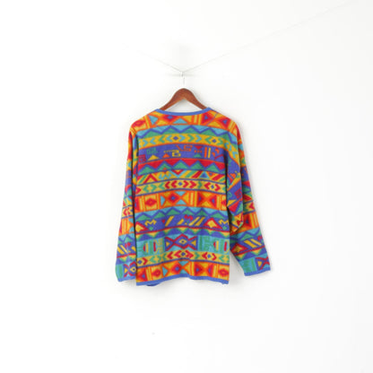 Vintage Women XL Fleece Top Multicoloured Oversize Buttoned Vintage Sweatshirt
