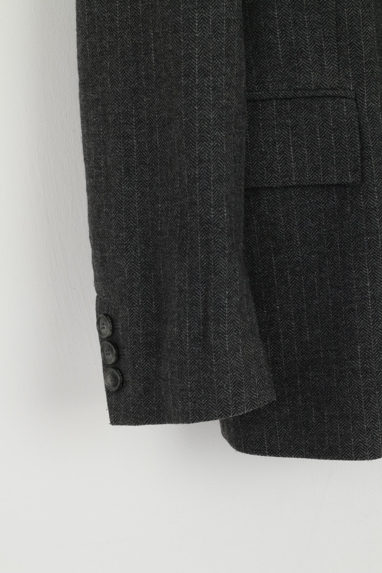 Hugo Boss Men 50 40 Blazer Grey Herringbone Wool Single Breasted Croll-l Jacket